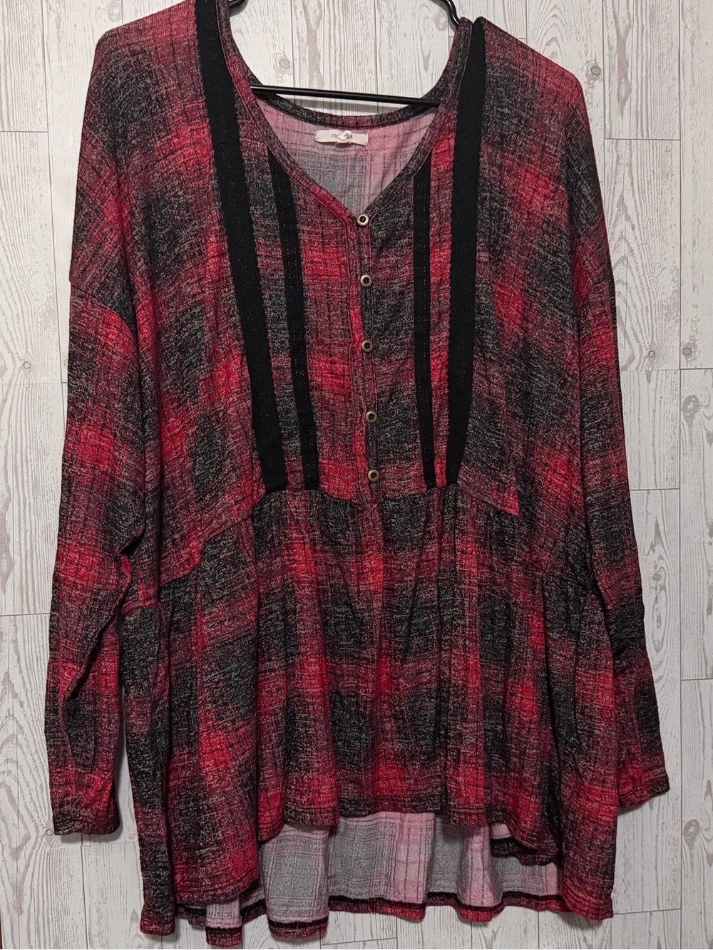 Maurices Red and Black Plaid Tiered Henley Tunic